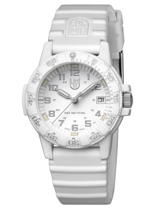 Angle shot of Luminox XS.0307.WO White Silicone Unisex Watch on white background