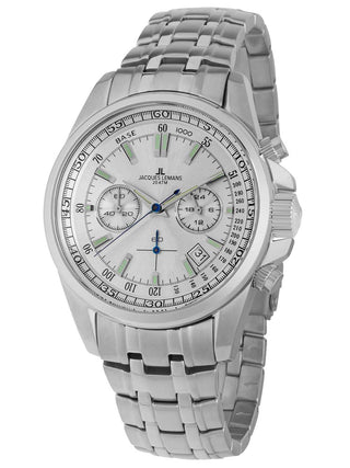 Angle shot of Jacques Lemans Chronograph 1-1117.1FN Silver Stainless Steel Unisex Watch on white background