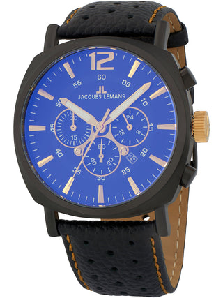 Angle shot of Jacques Lemans Chronograph 1-1645.1O Blue Dial Black Leather Unisex Watch on white background