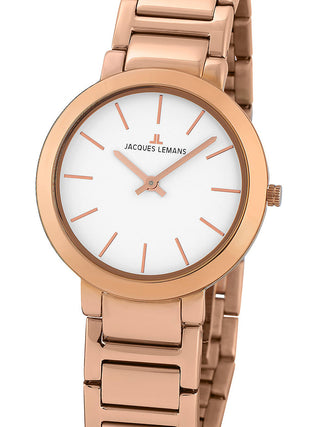 Front view of Jacques Lemans 1-1842C White Dial Rose Gold Stainless Steel Womens Watch on white background