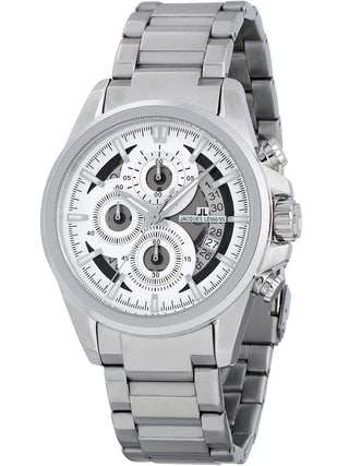 Angle shot of Jacques Lemans Chronograph 1-1847F White Dial Silver Stainless Steel Unisex Watch on white background