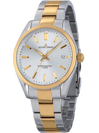 Angle shot of Jacques Lemans 1-1859J Silver Dial Gold Stainless Steel Unisex Watch on white background