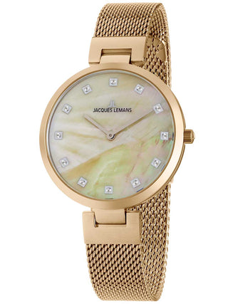 Angle shot of Jacques Lemans 1-2001D Mother Of Pearl Dial Gold Stainless Steel Womens Watch on white background