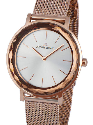 Front view of Jacques Lemans 1-2054I Silver Dial Rose Gold Stainless Steel Womens Watch on white background