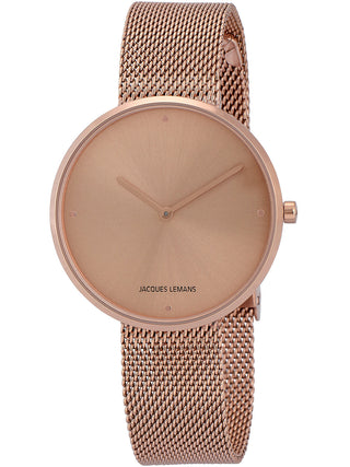 Angle shot of Jacques Lemans 1-2056N Rose Gold Stainless Steel Womens Watch on white background