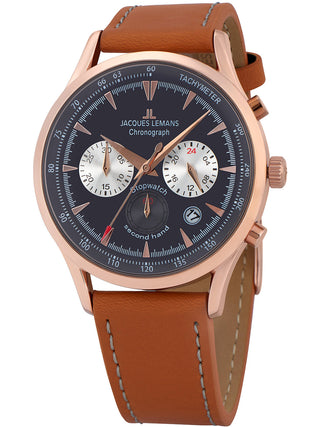 Angle shot of Jacques Lemans Chronograph 1-2068F Grey Dial Brown Leather Unisex Watch on white background