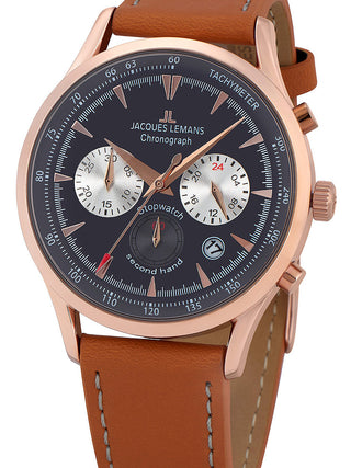 Front view of Jacques Lemans Chronograph 1-2068F Grey Dial Brown Leather Unisex Watch on white background