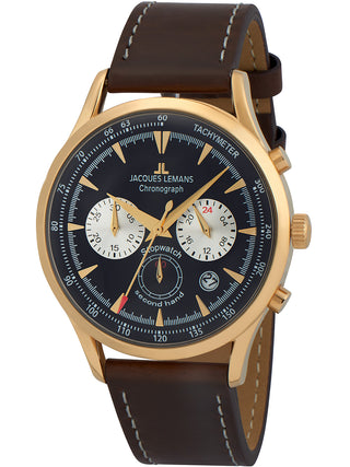 Angle shot of Jacques Lemans Chronograph 1-2068K Black Dial Brown Leather Unisex Watch on white background