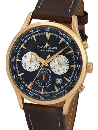 Front view of Jacques Lemans Chronograph 1-2068K Black Dial Brown Leather Unisex Watch on white background