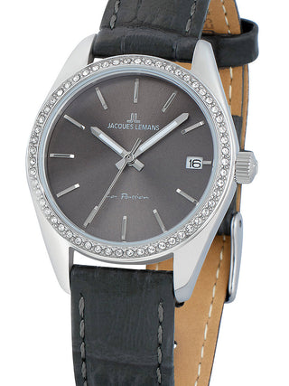 Front view of Jacques Lemans 1-2085A Grey Leather Womens Watch on white background