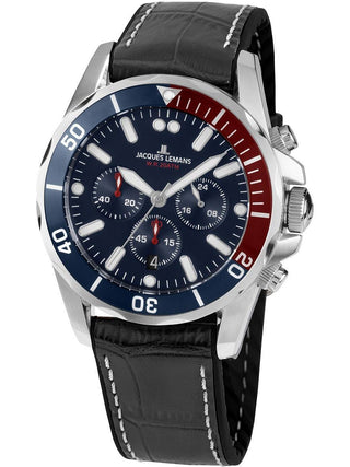 Angle shot of Jacques Lemans Chronograph 1-2091B Blue Leather Unisex Watch on white background