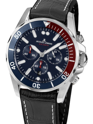 Front view of Jacques Lemans Chronograph 1-2091B Blue Leather Unisex Watch on white background