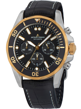 Angle shot of Jacques Lemans Chronograph 1-2091D Black Leather Unisex Watch on white background