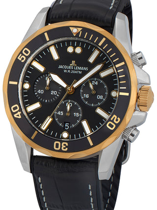 Front view of Jacques Lemans Chronograph 1-2091D Black Leather Unisex Watch on white background