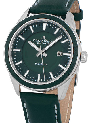 Front view of Jacques Lemans 1-2116B Green Leather Unisex Watch on white background