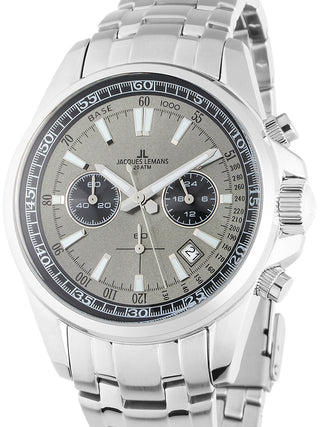 Front view of Jacques Lemans Chronograph 1-2117ZA Grey Dial Silver Leather Unisex Watch on white background