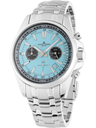 Angle shot of Jacques Lemans Chronograph 1-2117ZB Blue Dial Silver Leather Unisex Watch on white background