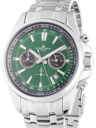 Front view of Jacques Lemans Chronograph 1-2117ZD Green Dial Silver Leather Unisex Watch on white background