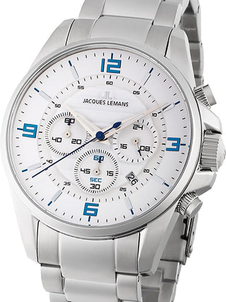 Front view of Jacques Lemans Chronograph 1-2118E White Dial Silver Stainless Steel Unisex Watch on white background