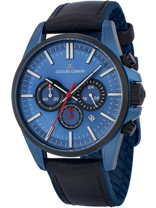 Angle shot of Jacques Lemans Chronograph 1-2119C Blue Dial Black Leather Unisex Watch on white background