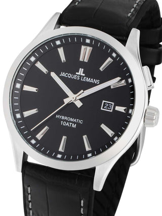 Front view of Jacques Lemans 1-2130A Black Leather Unisex Watch on white background