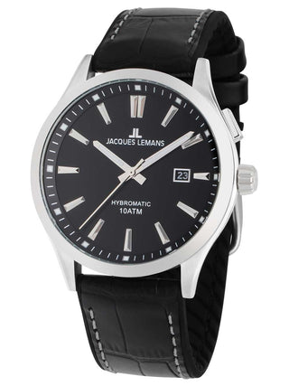 Angle shot of Jacques Lemans 1-2130A Black Leather Unisex Watch on white background