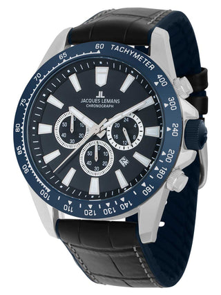 Angle shot of Jacques Lemans Chronograph 1-2140B Blue Dial Black Leather Unisex Watch on white background