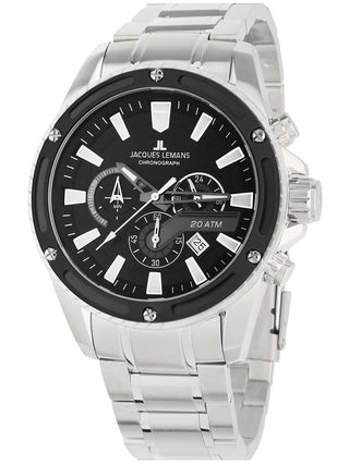 Angle shot of Jacques Lemans Chronograph 1-2141E Black Dial Silver Stainless Steel Unisex Watch on white background