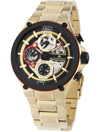 Angle shot of Jacques Lemans 1-2150H Black Dial Gold Stainless Steel Unisex Watch on white background