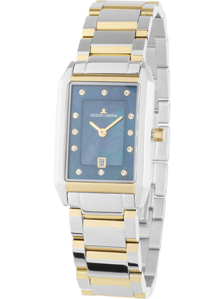 Angle shot of Jacques Lemans 1-2158P Blue Dial Gold Stainless Steel Womens Watch on white background