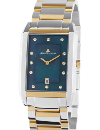 Front view of Jacques Lemans 1-2159O Blue Dial Gold Stainless Steel Unisex Watch on white background