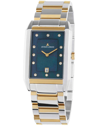 Angle shot of Jacques Lemans 1-2159O Blue Dial Gold Stainless Steel Unisex Watch on white background