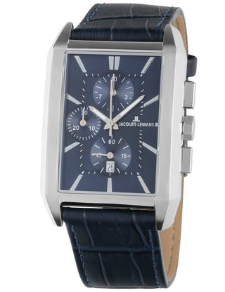 Angle shot of Jacques Lemans Chronograph 1-2161.1C Blue Leather Unisex Watch on white background