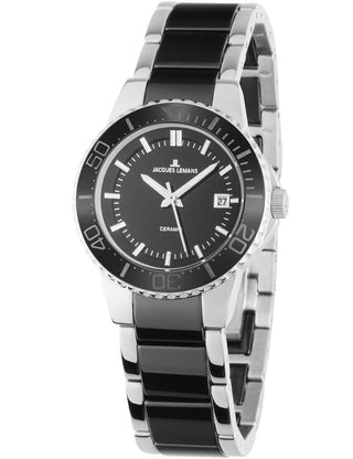 Angle shot of Jacques Lemans 1-2165A Black Stainless Steel Womens Watch on white background