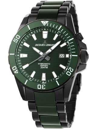 Angle shot of Jacques Lemans 1-2222F Green Dial Black Strap Unisex Watch on white background