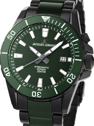 Front view of Jacques Lemans 1-2222F Green Dial Black Strap Unisex Watch on white background