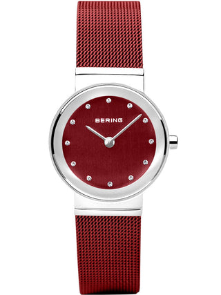 Front view of Bering 10126-303 Red Dial Stainless Steel Womens Watch on white background