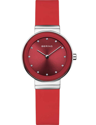 Front view of Bering 10129-503 Red Dial Silicone Womens Watch on white background