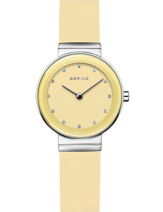 Front view of Bering 10129-600 Yellow Silicone Womens Watch on white background