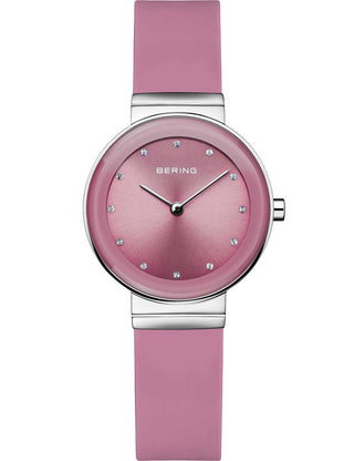 Front view of Bering 10129-909 Pink Silicone Womens Watch on white background