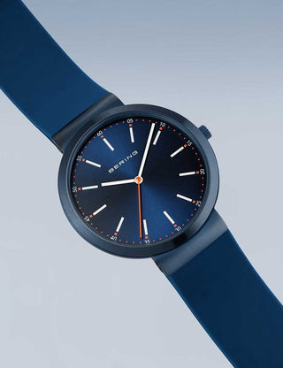 Angle shot of Bering 10141-397 Blue Silicone Unisex Watch on white background