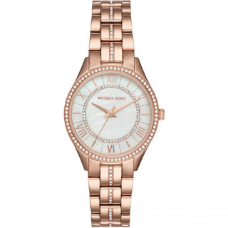 Front view of Michael Kors Lauryn M MK3716 Mother Of Pearl Dial Stainless Steel Womens Watch on white background