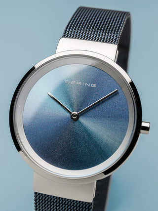 Angle shot of Bering 10X31-ANNIVERSARY2 Blue Stainless Steel Womens Watch on white background
