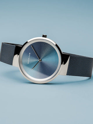 Angle shot of Bering 10X31-ANNIVERSARY2 Blue Stainless Steel Womens Watch on white background
