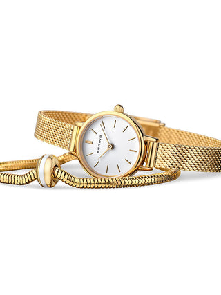 Angle shot of Bering 11022-334-LOVELY-1-GWP190 White Dial Gold Stainless Steel Womens Watch on white background