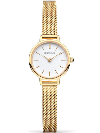 Angle shot of Bering 11022-334-LOVELY-1-GWP190 White Dial Gold Stainless Steel Womens Watch on white background