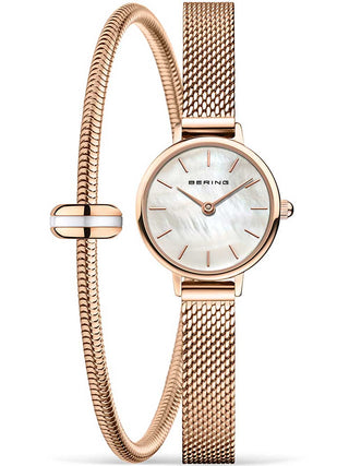 Front view of Bering 11022-364-LOVELY-2-GWP170 Mother Of Pearl Dial Rose Gold Stainless Steel Womens Watch on white background