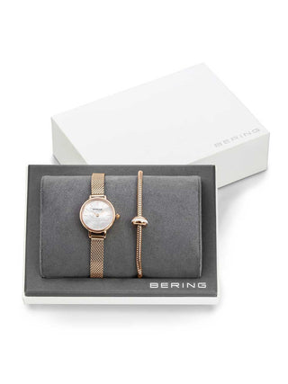 Angle shot of Bering 11022-364-LOVELY-2-GWP170 Mother Of Pearl Dial Rose Gold Stainless Steel Womens Watch on white background