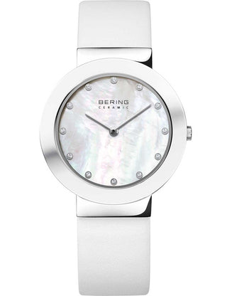 Front view of Bering 11435-604 Mother Of Pearl Dial White Leather Womens Watch on white background