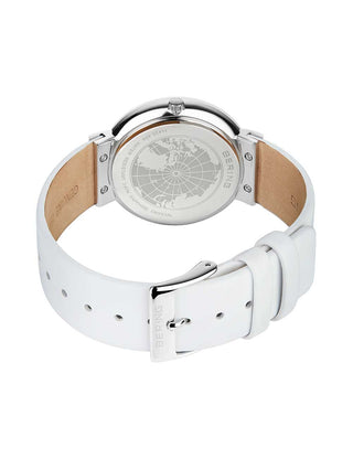 Angle shot of Bering 11435-604 Mother Of Pearl Dial White Leather Womens Watch on white background
